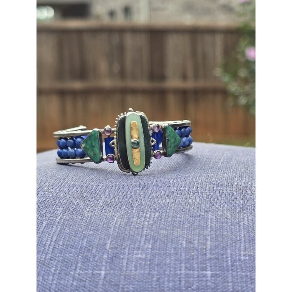 Michael Boyd Artisan Mosaic Cuff Bracelet 18K 22K Gold Sterling Lapis Chrysopras - Picture 5 of 8